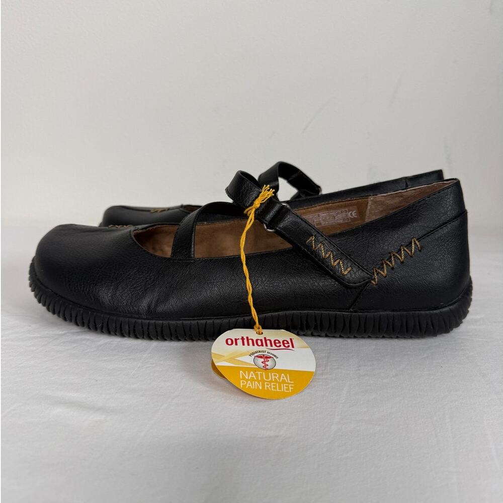 orthaheel Black Mary Jane Flats with Contrast Tan Stitching